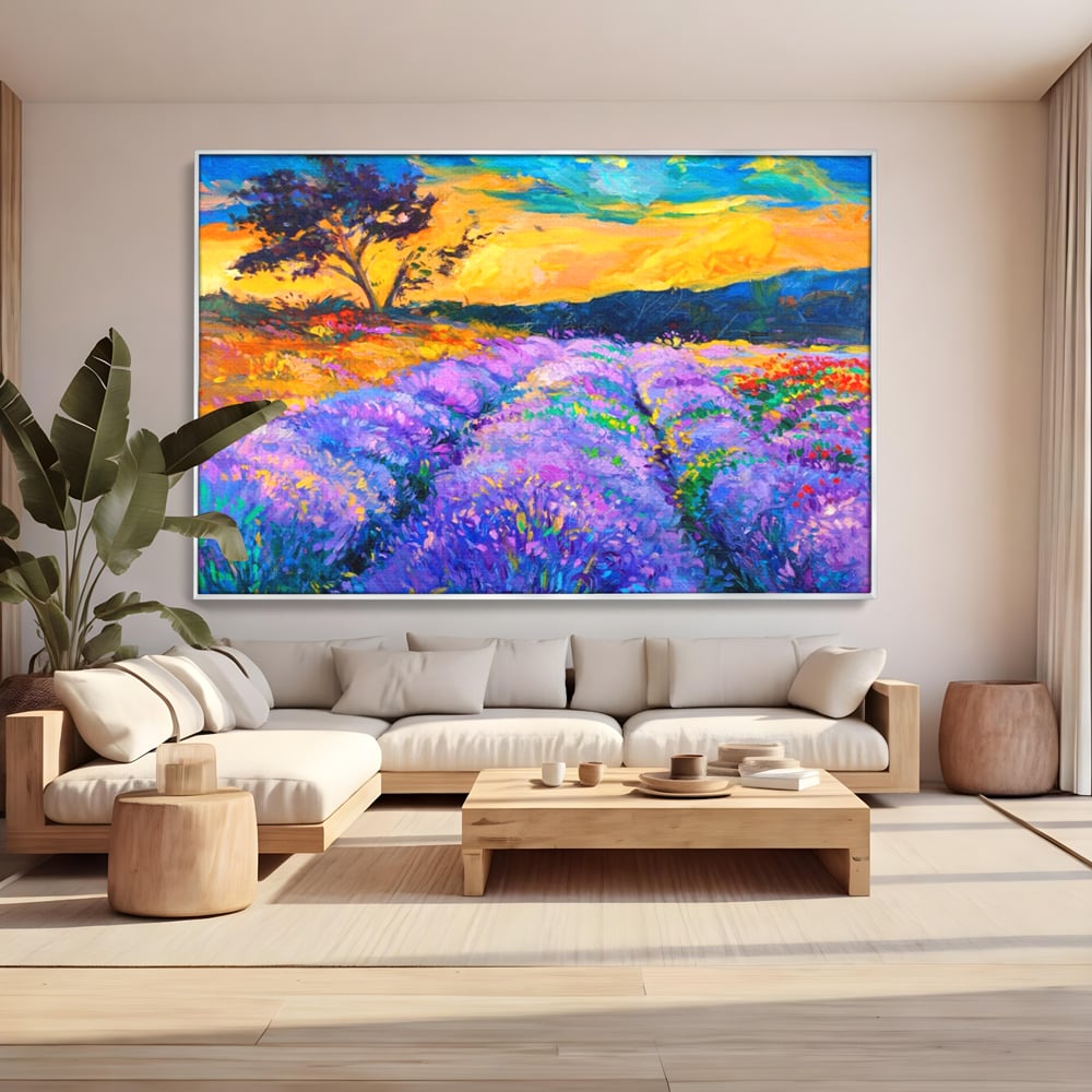 Tablou canvas cu pictura camp de lavanda la apus, in rama de aluminiu argintiu, pe perete intr-un living